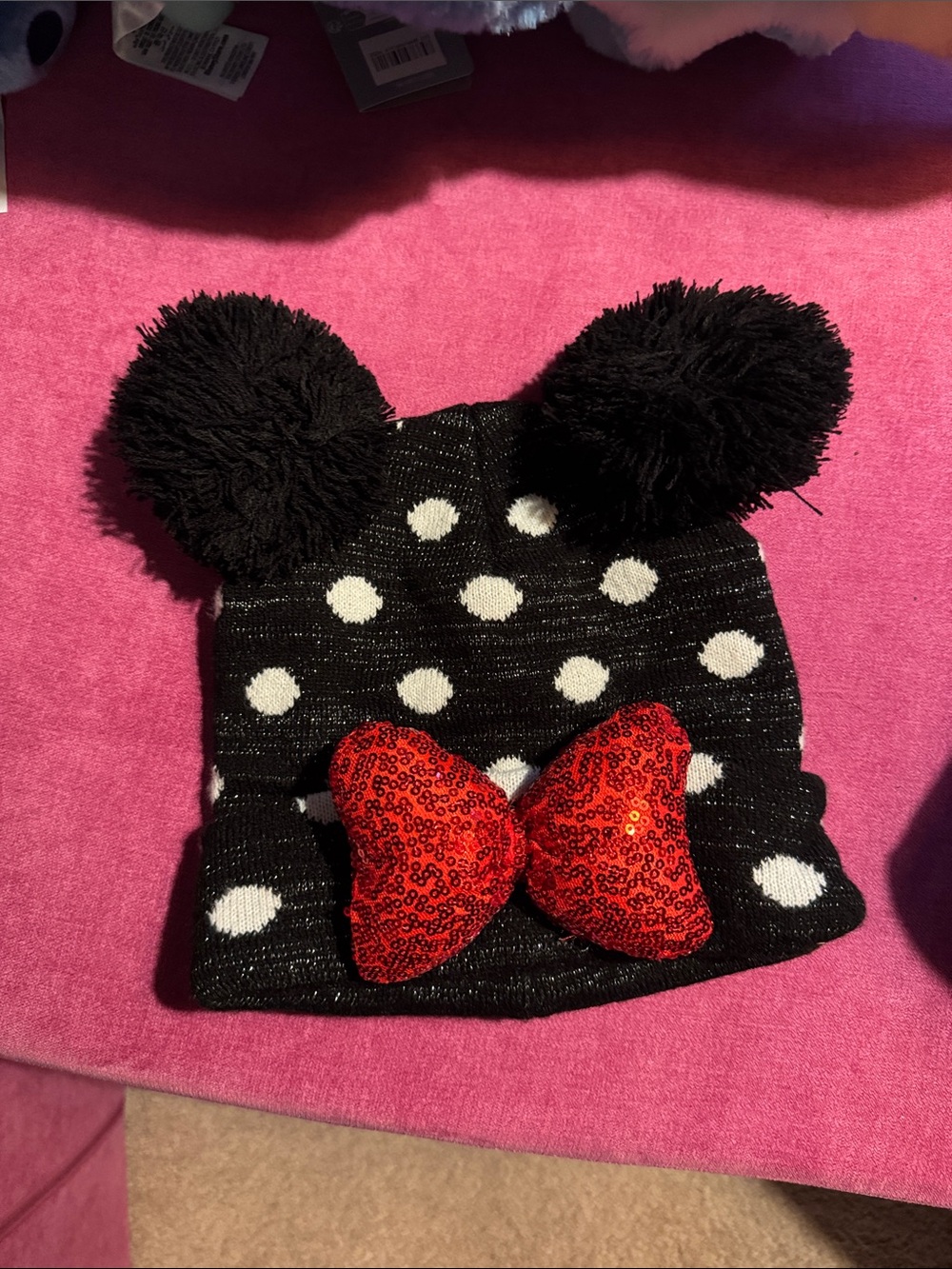 Disney Parks Minnie Mouse Black Polka Dot Pom Beanie with Red Sequin Bow EUC